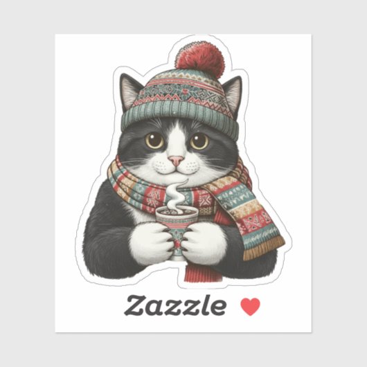 Gemütliche Winterkatze Kakao Aufkleber (Blatt)