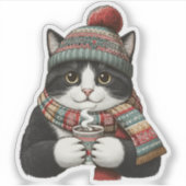 Gemütliche Winterkatze Kakao Aufkleber (Vorderseite)