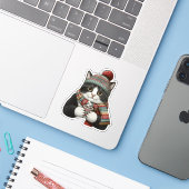 Gemütliche Winterkatze Kakao Aufkleber (Laptop mit iPhone)