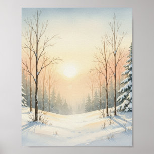 Gemütliche Winterlandschaft Aquarell – Wald Sonnen Poster