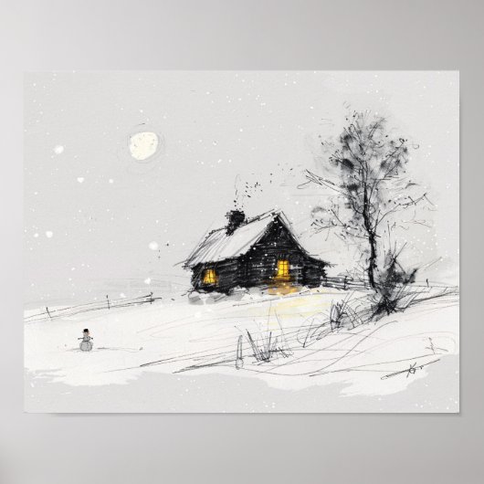 Gemütliche Winterlandschaft mit Schneemann und Cot Poster (Vorne)