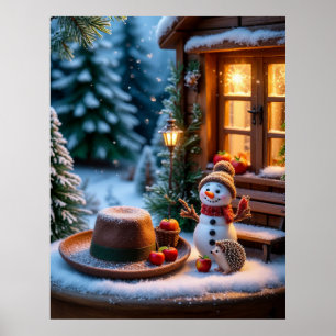 Gemütliche Winterlandschaft mit Schneemann und Ige Poster
