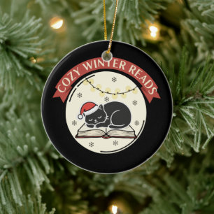 Gemütliche Winterlektüre Süße Weihnachtskatze Büch Keramik Ornament