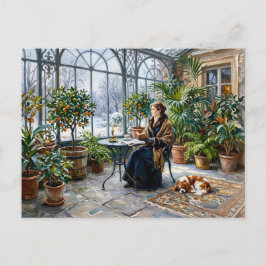 Gemütliche Winterorangerie mit Cavalier Spaniel Postkarte