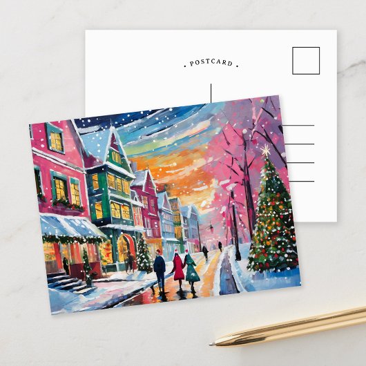 Gemütliche Winterstraße Szene Moderne Kunst Postkarte