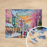 Gemütliche Winterstraße Szene Moderne Kunst Puzzle<br><div class="desc">Ein gemütliches,  modernes Kunstgemälde,  das eine bezaubernde Winterstraßenlandschaft mit bunten Gebäude,  einem wunderschön dekorierten Weihnachtsbaum und sanft fallendem Schnee darstellt. Die hellen Pastellfarben verleihen dem kalten Winter eine warme und einladende Touch und sorgen für ein festliches und fröhliches Ambiente. Dieses skurrile Werk vereint Nostalgie mit zeitgenössischem Stil.</div>