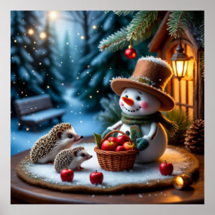 Gemütliche Winterszene mit Schneemann, Igeln Poster