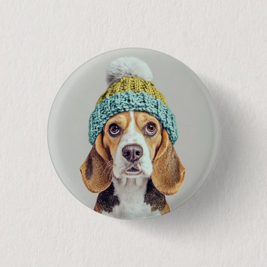 Gemütlicher Beagle in einem Winterhut aus Strick Button (Vorderseite)