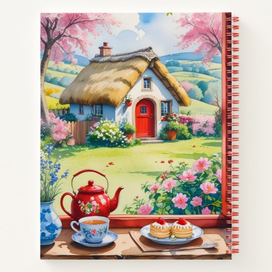 Gemütlicher Blick auf die Hütte mit Tee und Kuchen Notizblock (Rückseite)
