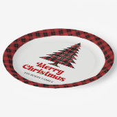 Gemütlicher Buffalo-Karo-Christbaum-Name-Papiertel Pappteller (Schrägansicht)