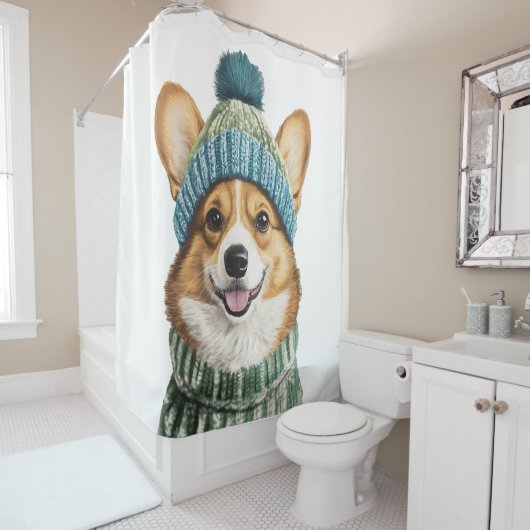 Gemütlicher Corgi im Wintergear Duschvorhang (Beispiel)