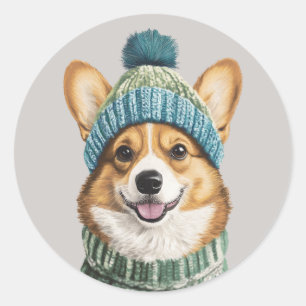 Gemütlicher Corgi im Wintergear Runder Aufkleber
