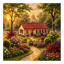 Gemütlicher Cottage-Garten bei Sonnenuntergang Ölm