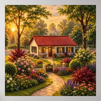 Gemütlicher Cottage-Garten bei Sonnenuntergang Ölm Poster