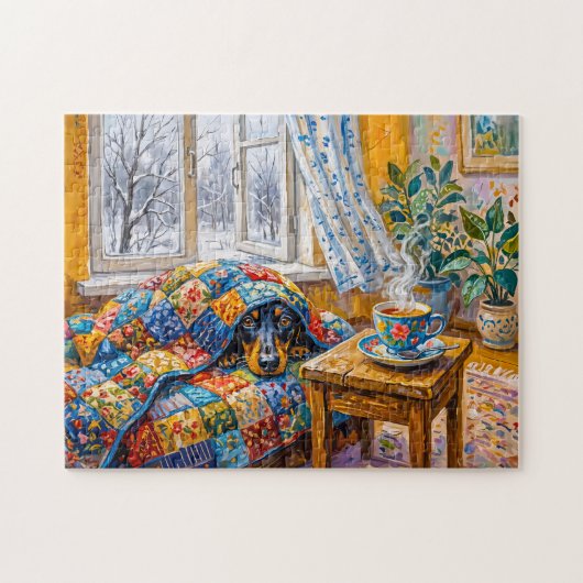 Gemütlicher Dachshund ruht auf einer Patchwork-Win Puzzle (Horizontal)