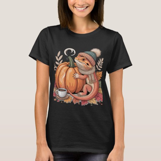 Gemütlicher Fall Bartagame mit Kaffeekunst T-Shirt (Vorderseite)