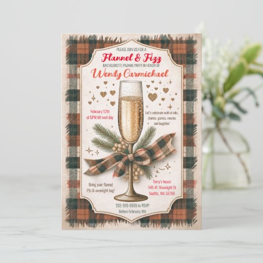 Gemütlicher festlicher Flanell und Fizz Junggeseli Einladung (Stehend Vorderseite)