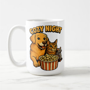 Gemütlicher Filmabend – Süßer Hund, Katze, Maus mi Kaffeetasse