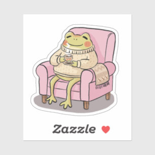 Gemütlicher Frosch, der auf dem Sofa Tee trinkt, I Aufkleber