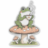 Gemütlicher Frosch trinkender Tee auf Toadstool Au Aufkleber (Vorderseite)