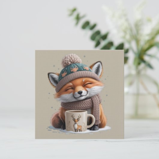 Gemütlicher Fuchs Winterzeit Tier Kaffee Feiertag Einladung (Stehend Vorderseite)