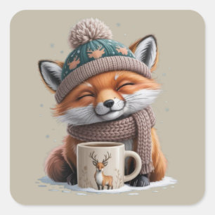 Gemütlicher Fuchs Winterzeit Tier Kaffee Feiertag Quadratischer Aufkleber