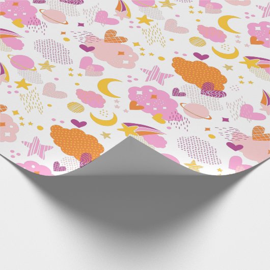 Gemütlicher Galaxie- Kosmos, Mond, Sterne und Herz Geschenkpapier (Ecke)