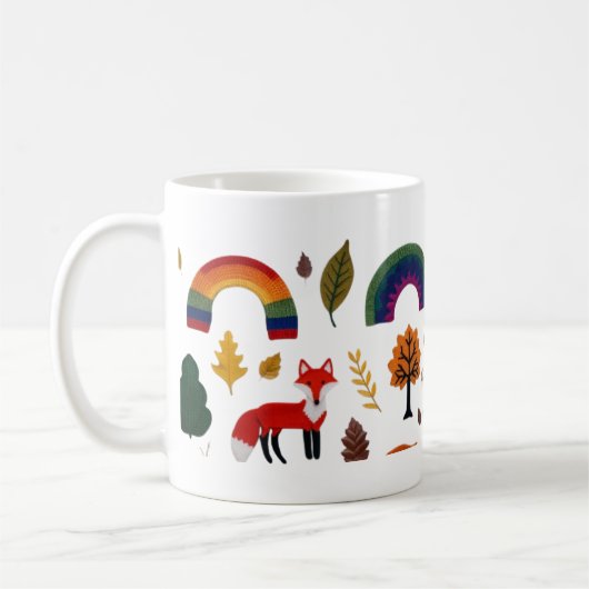Gemütlicher gestrickter Fuchs und Herbstwald-Muste Kaffeetasse (Links)