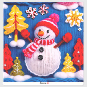 Gemütlicher gestrickter Schneemann mit roter Mütze Aufkleber