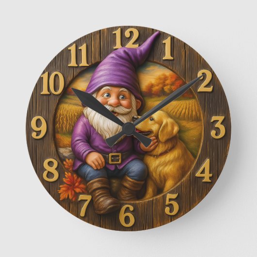 Gemütlicher Gnom & Hund Herbst Runde Wanduhr (Vorderseite)
