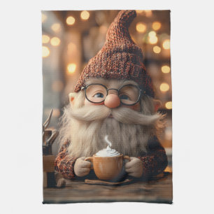 Gemütlicher Gnome Genießen Sie eine Tasse heißen K Geschirrtuch