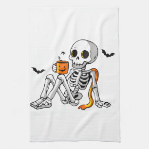 Gemütlicher Halloween-Skelett mit Kaffee- und Fled Geschirrtuch