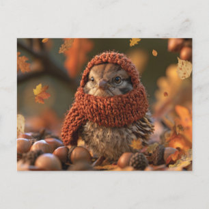 Gemütlicher Herbstvogel in einem gestrickten Schal Postkarte