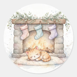 Gemütlicher Kamin Katzen Weihnachtsaufkleber Runder Aufkleber