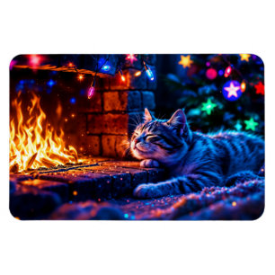 Gemütlicher Kamin niedliche Katze Frohe Weihnachte Magnet