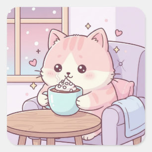 Gemütlicher Katzenaufkleber – süße Kawaii-Pastellf Quadratischer Aufkleber