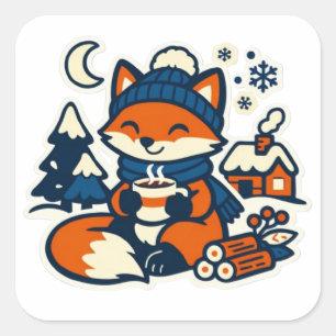 Gemütlicher Kawaii Fuchs trinkt Kakao im Schnee Quadratischer Aufkleber