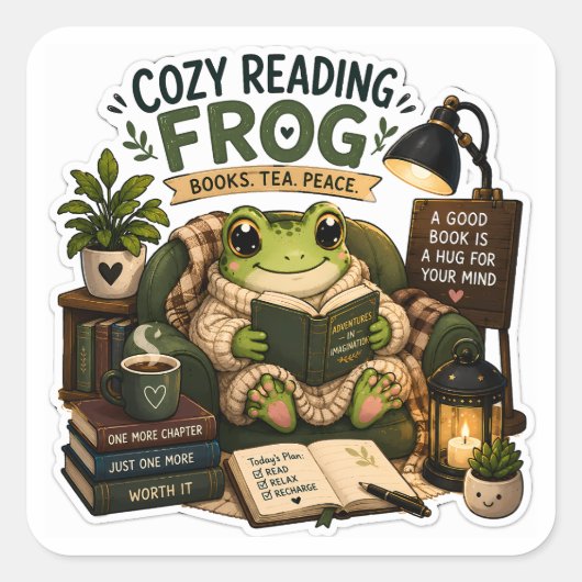 Gemütlicher Lesefrosch – Bücher • Tee • Frieden Quadratischer Aufkleber (Vorderseite)