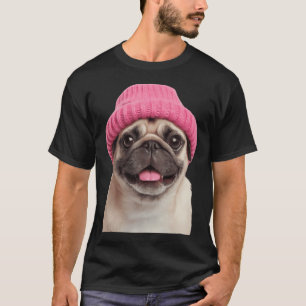 Gemütlicher Mops-Hund mit rosa Winterhut, trendige T-Shirt