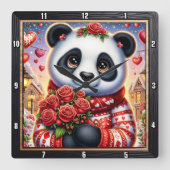 Gemütlicher Panda Winterrose Quadratische Wanduhr (Vorderseite)