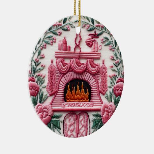 Gemütlicher rosa Weihnachtskamin Keramik Ornament (Rechts)