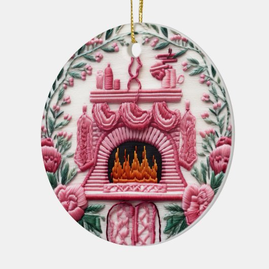 Gemütlicher rosa Weihnachtskamin Keramik Ornament (Links)