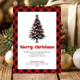 Gemütlicher roter schwarzer Tartan-Weihnachtsbaum- Feiertagskarte