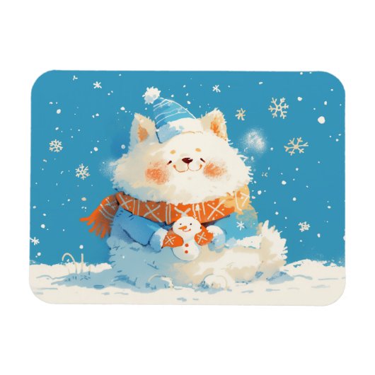 Gemütlicher Samojede-Hund mit Mini-Schneemann Magnet (Horizontal)