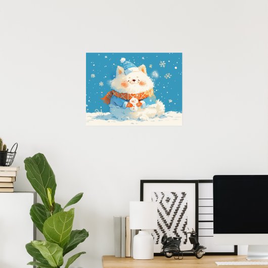 Gemütlicher Samojede-Hund mit Mini-Schneemann Poster (Heimbüro)