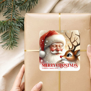 Gemütlicher Santa Rudolph personalisierter Weihnac Quadratischer Aufkleber