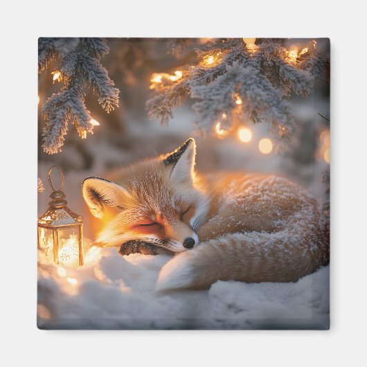 Gemütlicher Schlaffox unter verschneiten Zweigen Magnet (Vorne)