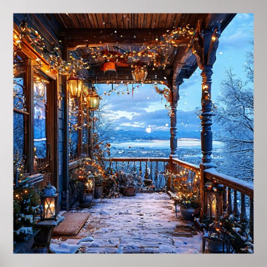 Gemütlicher schneebedeckter Hof mit Weihnachtsbele Poster (Vorne)