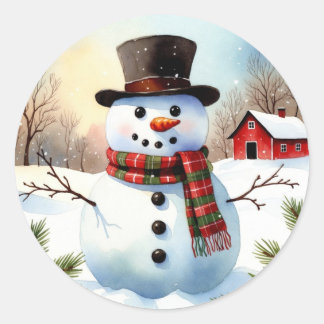 Gemütlicher Schneemann Bauernhof Wasserfarbe Weihn Runder Aufkleber