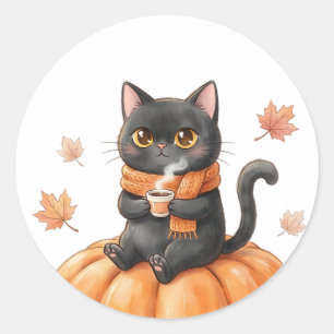 Gemütlicher Schwarzer Herbstkatze Kawaii Kürbis-Ge Runder Aufkleber